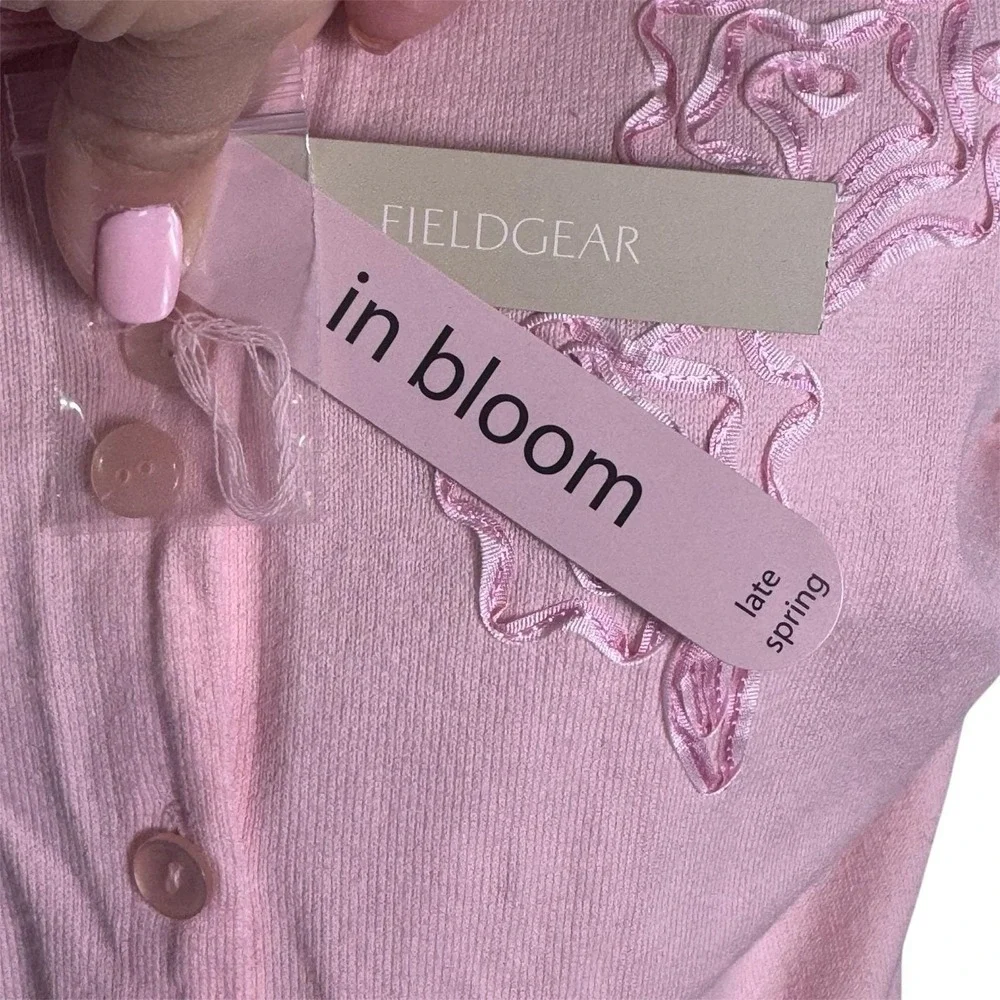 Fieldgear In Bloom Pastel Pink Floral Ribbon Appliqué Cardigan Sweater NWT L Vtg
